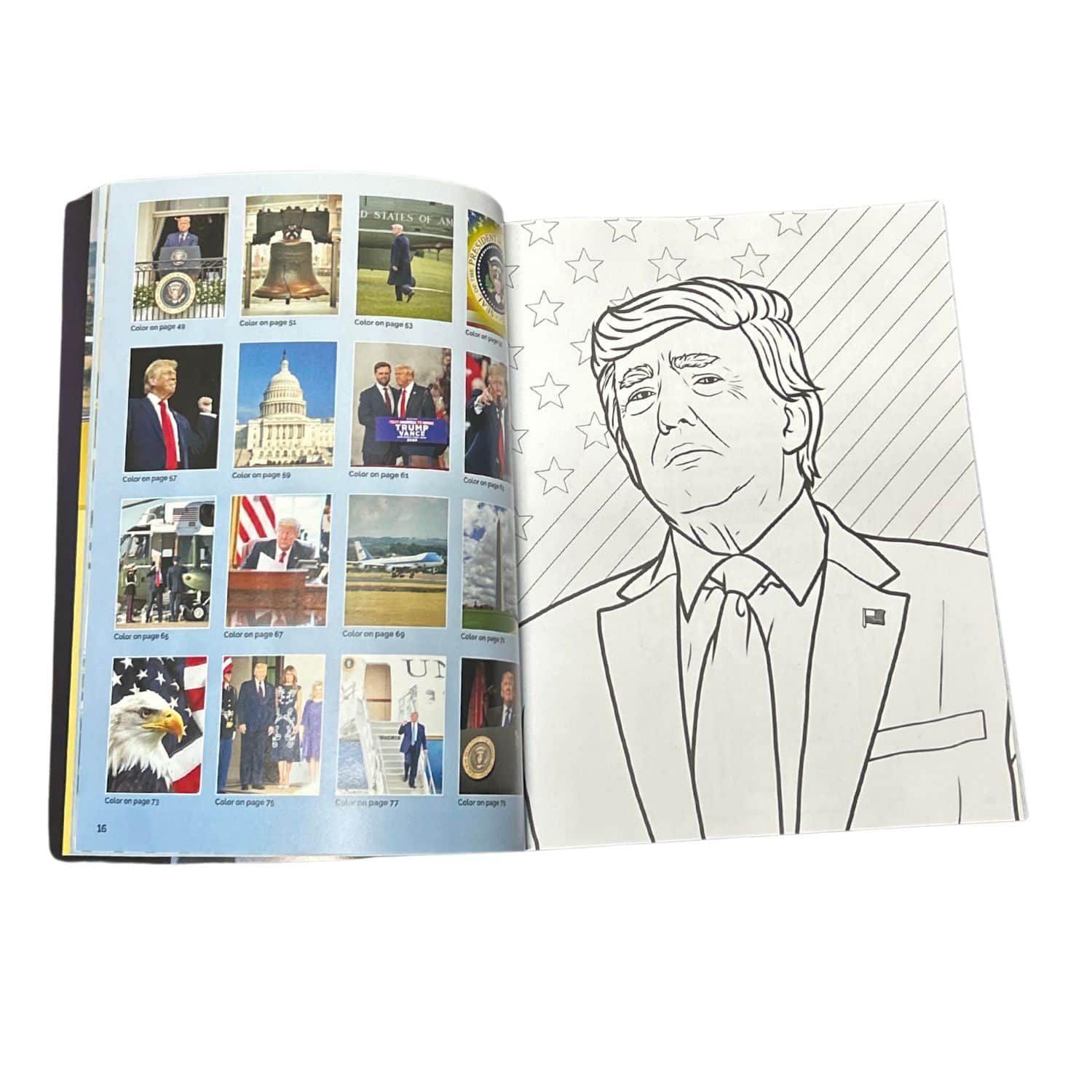 Donald Trump Coloring & Activity Book for Young Patriots featuring vibrant illustrations about U.S. history and politics, perfect for kids.