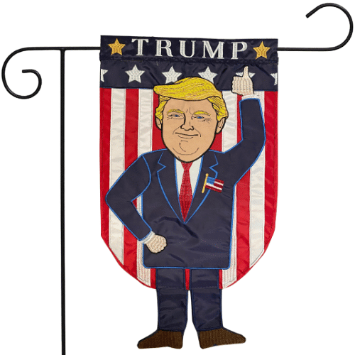 Donald Trump American Hero Embroidered Crazy Legs Garden Flag showcasing Trump with swinging legs against an American flag background in a garden setting.