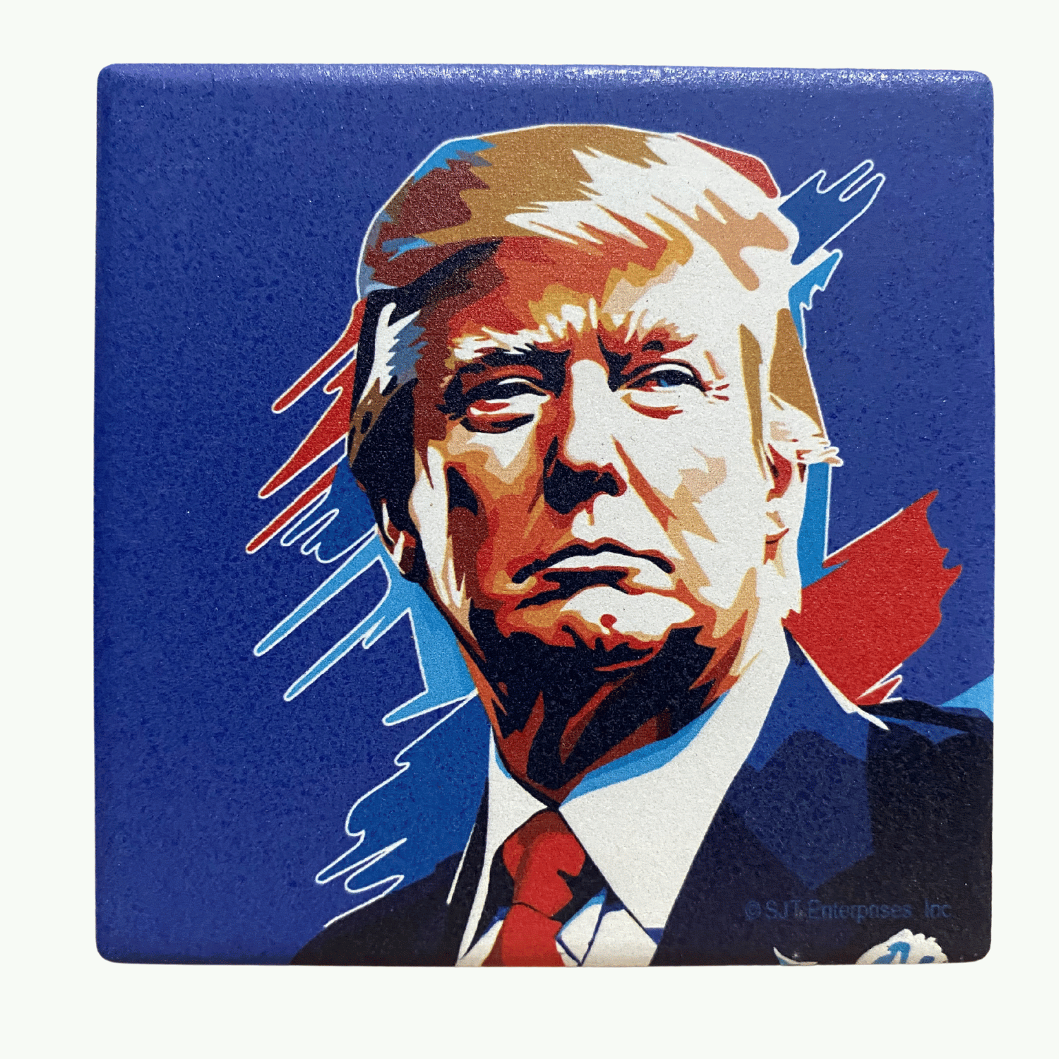 Donald Trump Stern Look Square Absorbable Stone Coaster featuring a vibrant blue background with Trump's portrait and abstract designs displayed on a table.