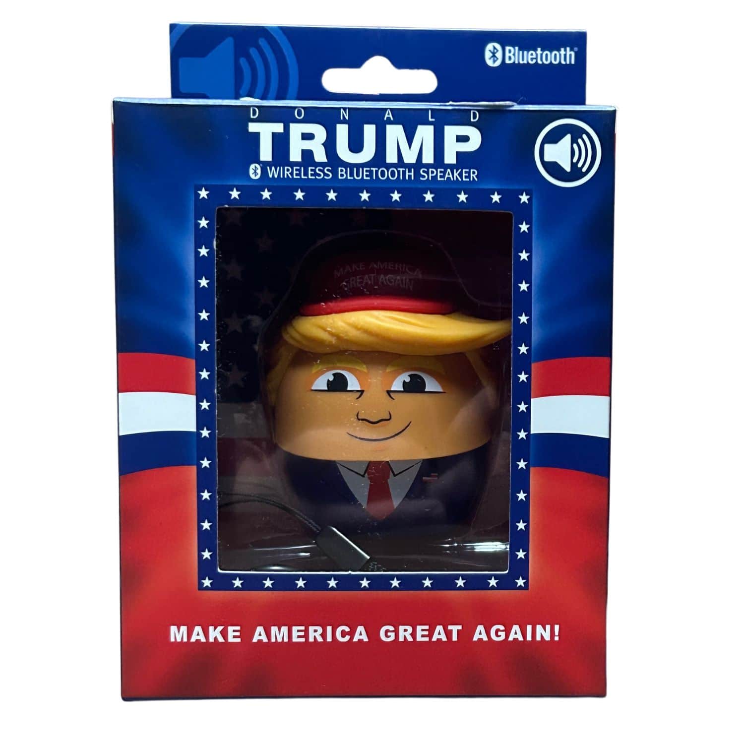 Donald Trump Wireless Bluetooth Speaker shaped like a cartoon Trump wearing a red MAGA hat, showcasing its fun design and compact size.