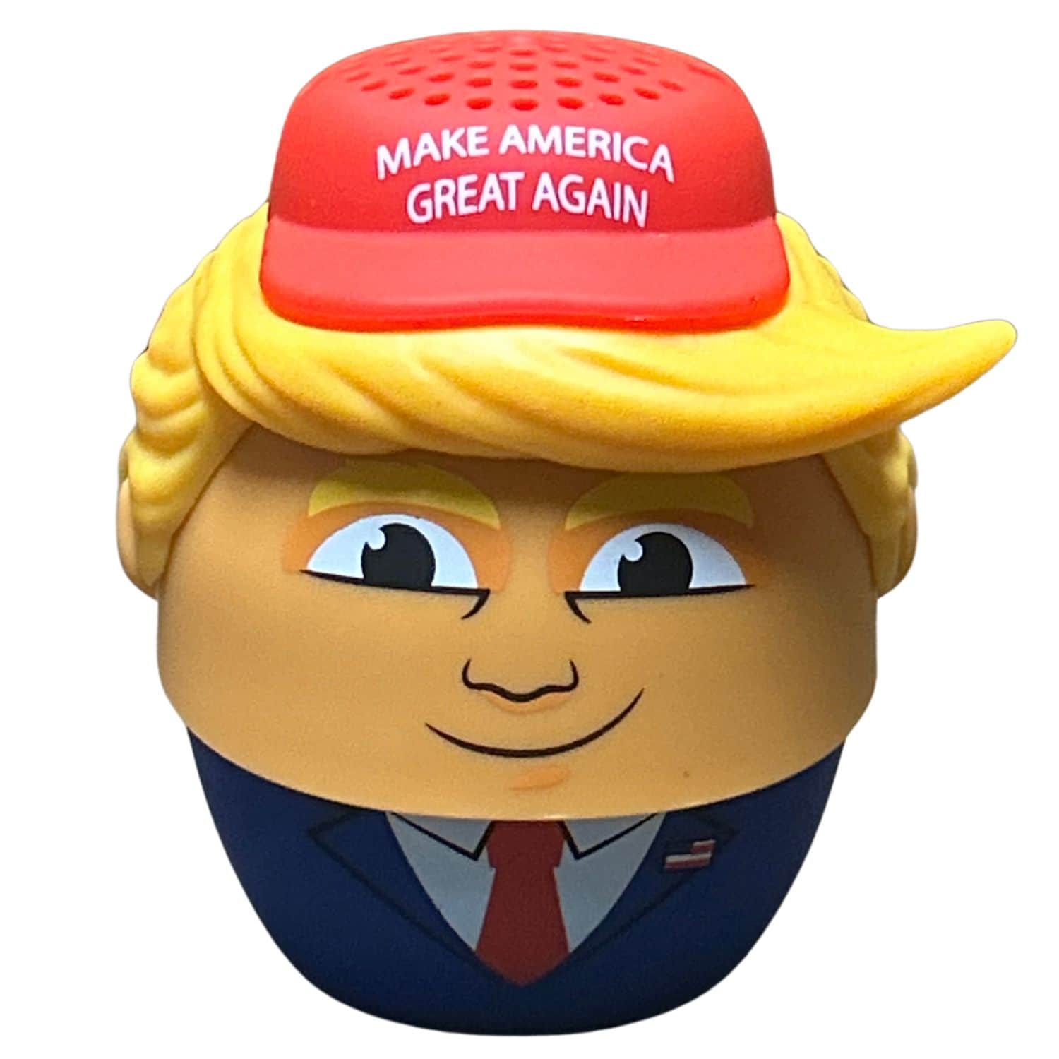 Donald Trump Wireless Bluetooth Speaker shaped like a cartoon Trump wearing a red MAGA hat, showcasing its fun design and compact size.