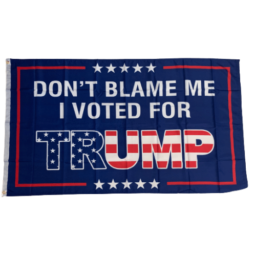 Don't Blame Me I Voted For Trump 3x5 flag featuring vibrant blue background and bold Trump lettering, showcased outdoors at a political event.