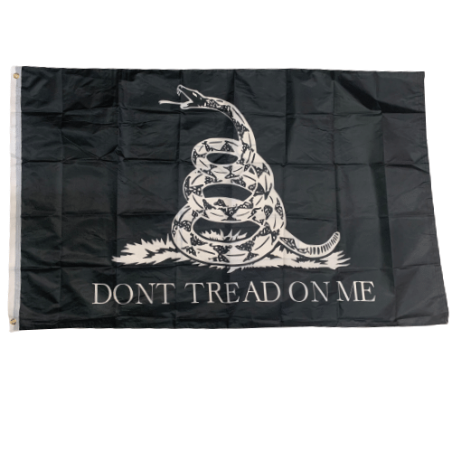 Don't Tread On Me Black 3x5 Flag featuring the Gadsden snake design against a black background, prominently displayed on a flagpole outdoors.