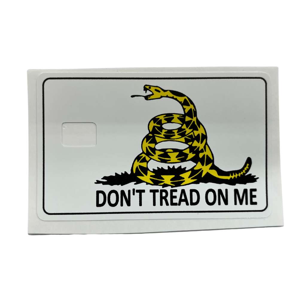 Don't Tread On Me Credit Card Cover featuring a bold Gadsden flag design with a yellow rattlesnake displayed on a blue background.