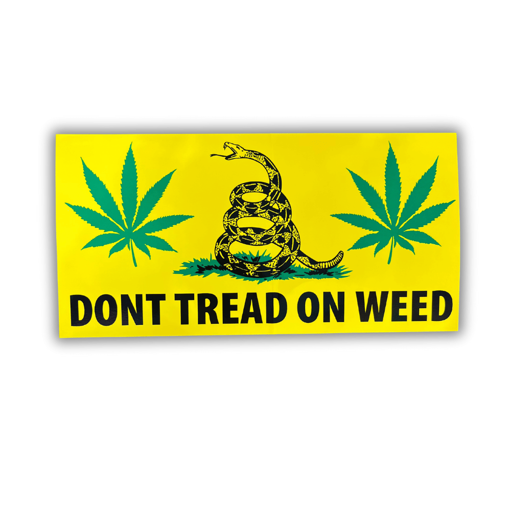 Don't Tread On Weed bumper sticker, 7.5x4 inches, displayed on a vehicle's bumper with a bold patriotic design in vibrant colors.