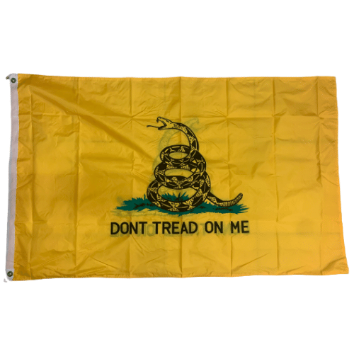Double Sided Don't Tread On Me 3x5 Flag featuring a Gadsden snake design, displayed outdoors on a flagpole with bright colors.