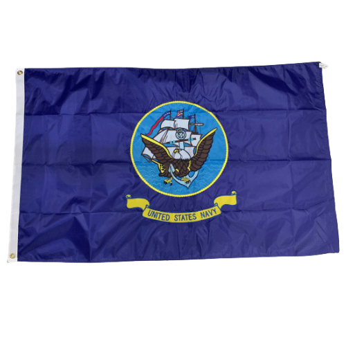 Double Sided United States Navy 3x5 Flag featuring vivid insignia on a flagpole outdoors, showing strong colors designed for durability.