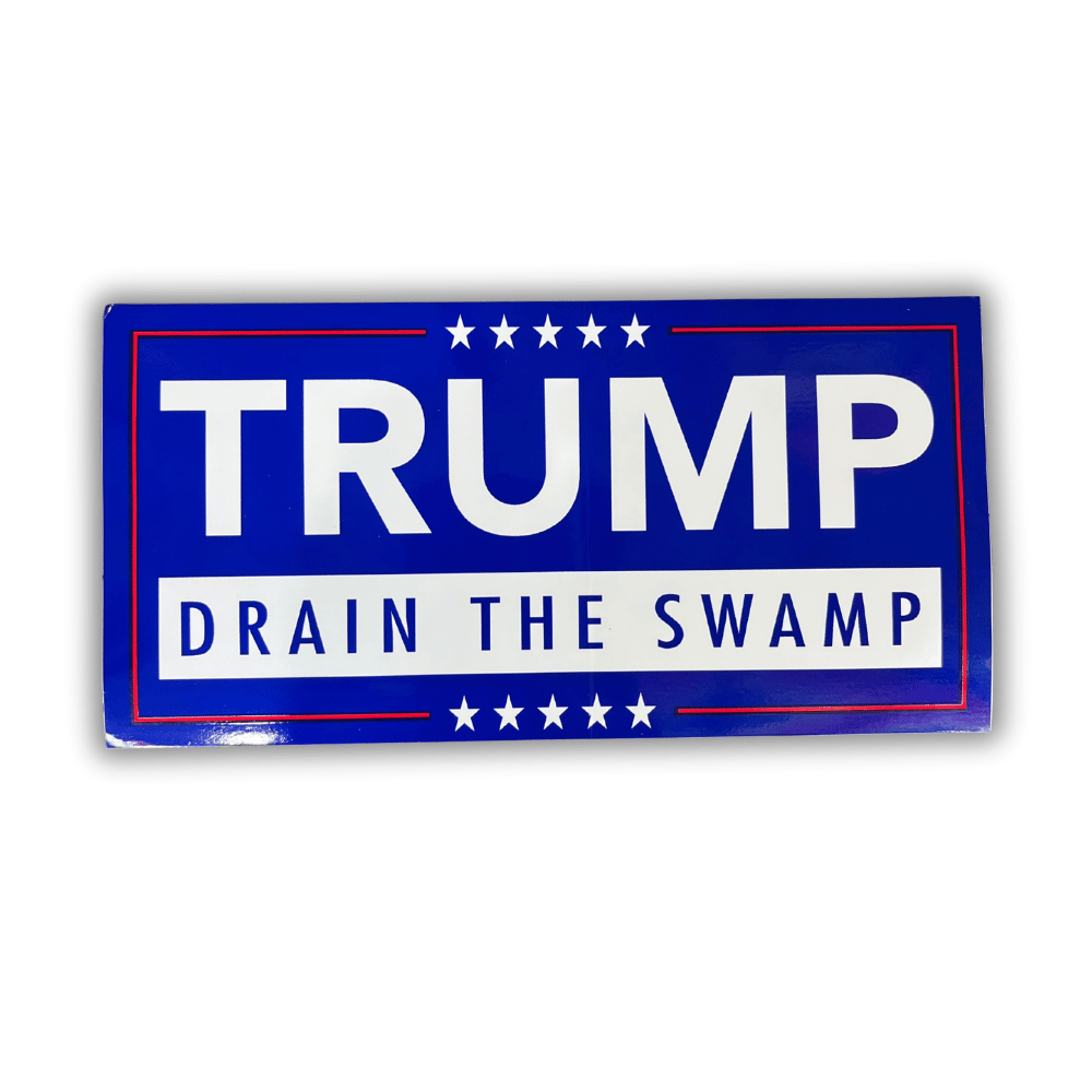 Drain The Swamp bumper sticker measuring 7.5 x 4 inches displayed on a car bumper, showcasing bold lettering and vibrant colors for outdoor durability.