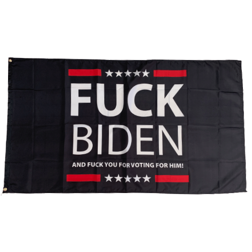 F Biden and F You For Voting 3x5 flag featuring bold lettering on a black background, perfect for displaying political sentiments outdoors.