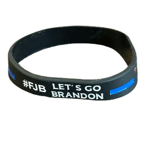 FJB Bracelet in black rubber with 'Let's Go Brandon!' text displayed on a wrist, perfectly matching an everyday casual look.