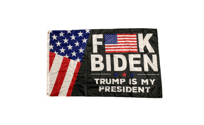Fuck Biden Trump Is My President 3x5 Flag displayed against a blue sky, featuring a black background and vibrant American flag design.
