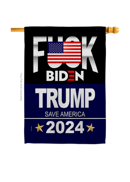 Fuck Biden Trump Is My President double-sided house flag in vibrant colors displayed on a flagpole, set against an outdoor backdrop.