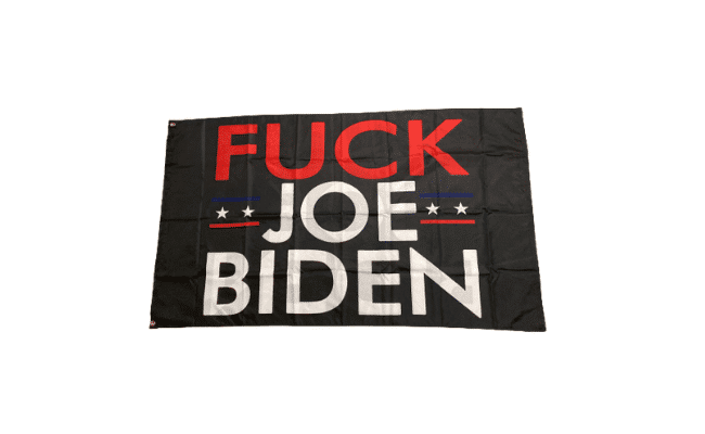 Fuck Joe Biden 3x5 Flag with black background and bold white and red lettering, designed for outdoor and indoor displays.