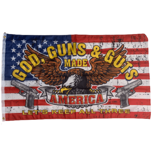 God Guns & Guts 3x5 flag with bold graphics displayed outdoors, symbolizing American values of faith, firearms, and courage.