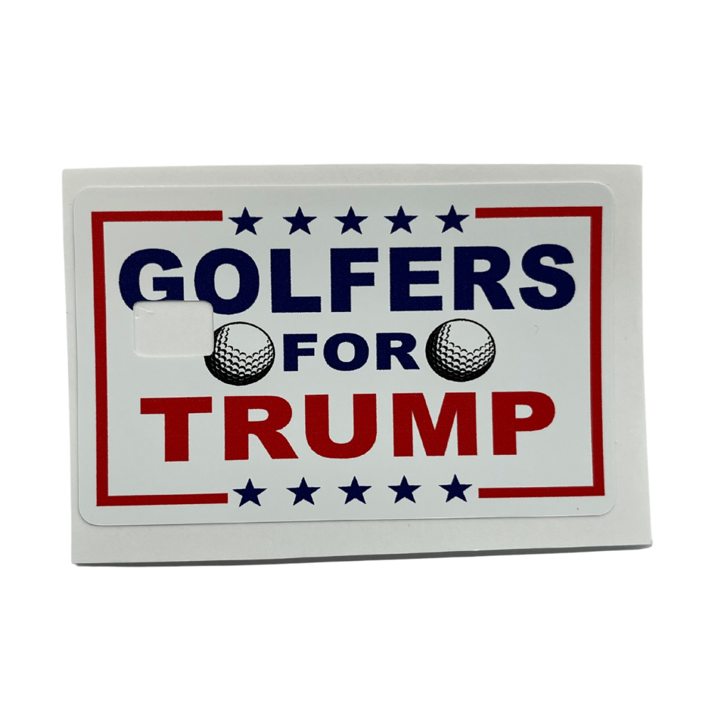 Golfers for Trump Credit Card Cover featuring bold design with red, white, and blue lettering, golf ball graphics, and stars on a white background.