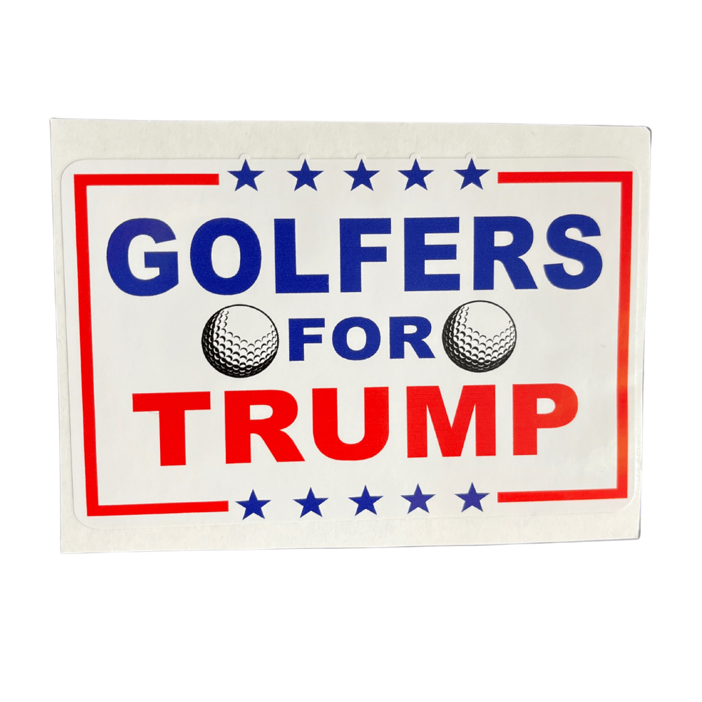 Golfers For Trump durable vinyl sticker featuring bold patriotic artwork, displayed on a car window with American flag imagery.
