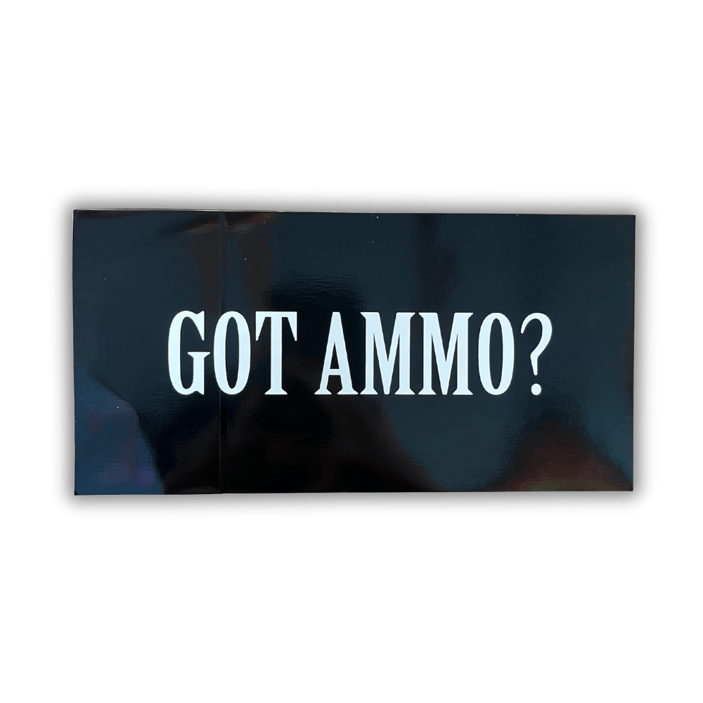 Got Ammo bumper sticker measuring 7.5x4 inches, featuring bold patriotic design displayed on a car bumper in a sunny outdoor setting.