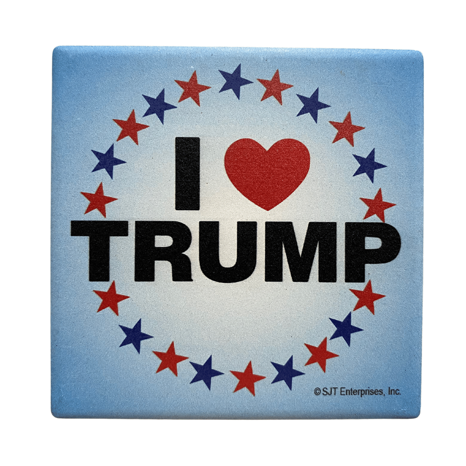 I Heart Trump absorbable stone coaster featuring a blue gradient background with the phrase 'I Trump' surrounded by red and blue stars.