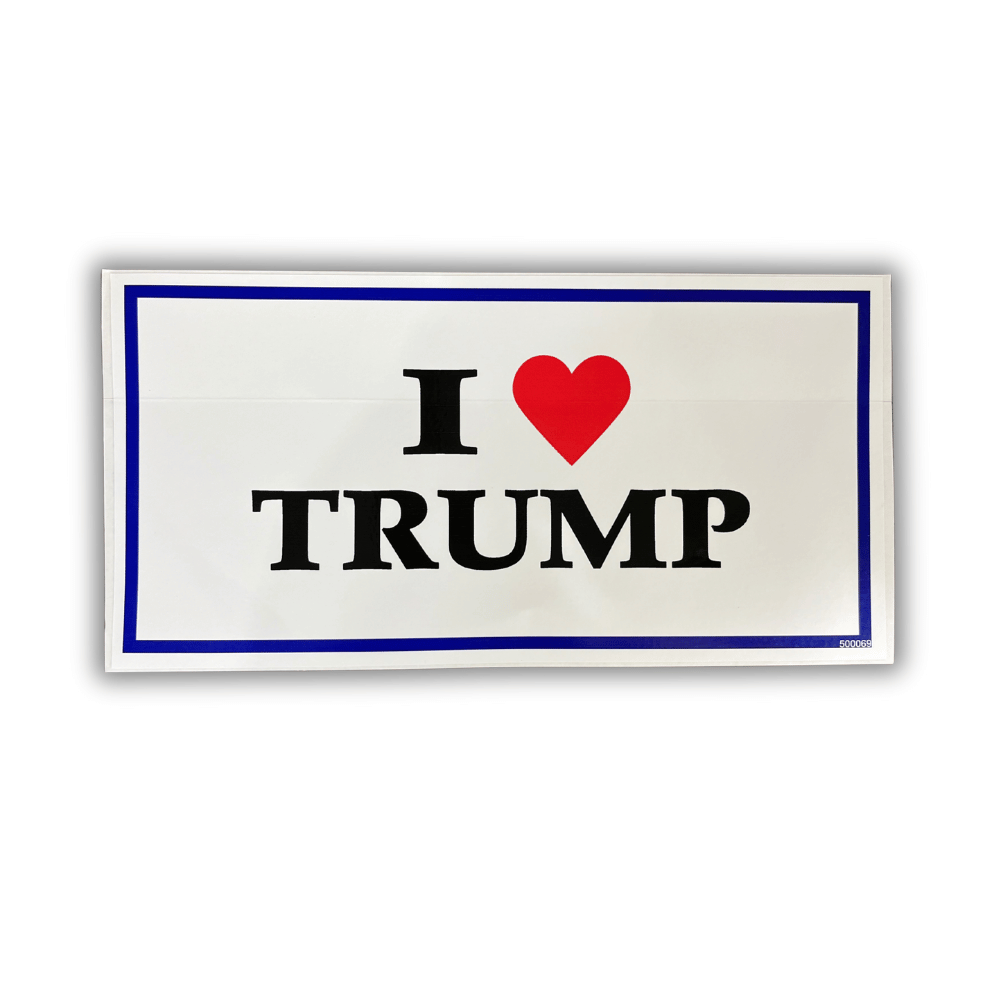 I Love Trump bumper sticker measuring 7.5 x 4 inches, displaying bold red and blue text on a white background, suitable for outdoor use.