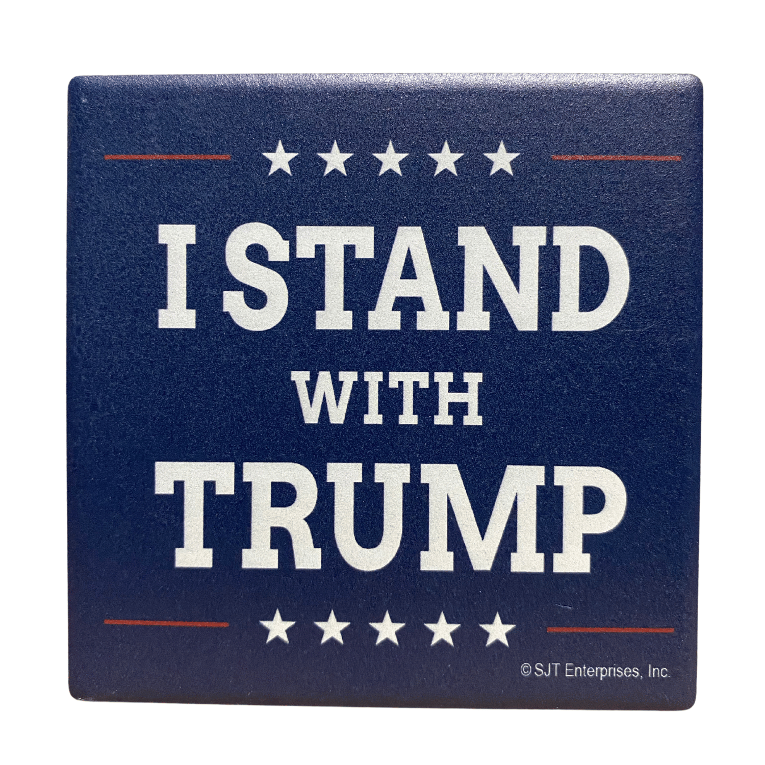 I Stand With Trump absorbable stone coaster in blue featuring bold white text and decorative stars, placed on a wooden table.