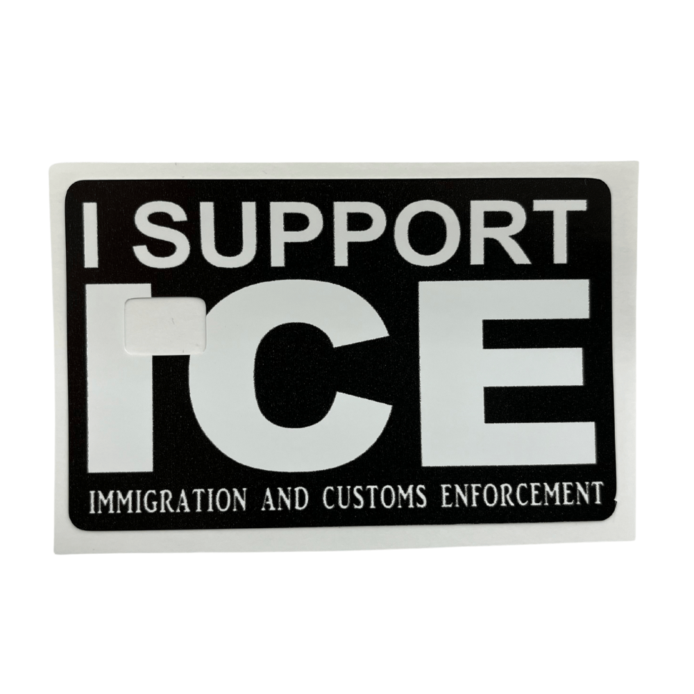 I Support ICE Credit Card Cover featuring bold ICE lettering and a clean design, displayed on a standard credit card for visibility.