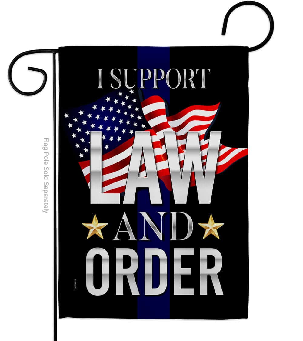 I Support Law & Order double-sided garden flag featuring bold graphics displayed on an outdoor stand, highlighting support for law enforcement.