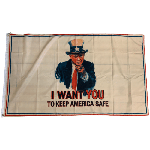 I Want You To Keep America Safe 3x5 flag made from resilient nylon material, with vibrant colors and brass grommets, displayed outdoors.