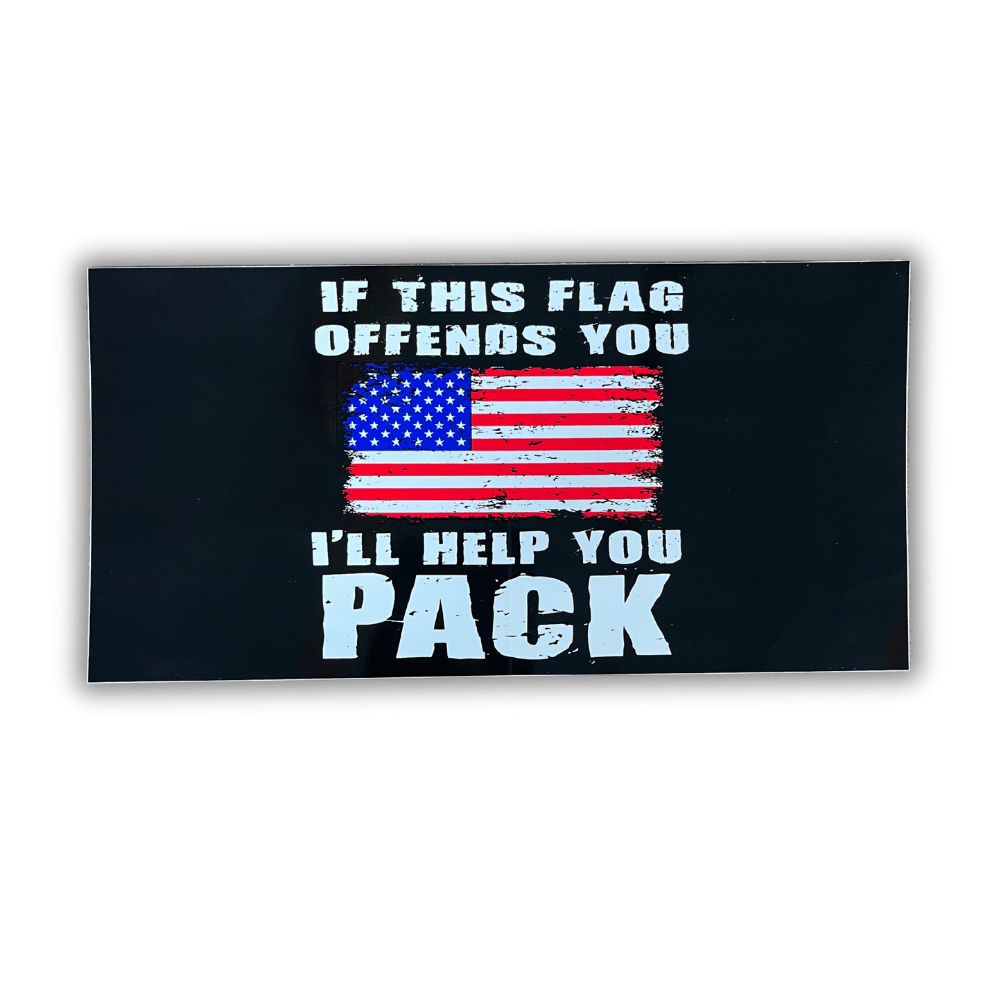 If This Offends You bumper sticker, showcasing a bold patriotic design, affixed to the rear bumper of a vehicle under a clear blue sky.