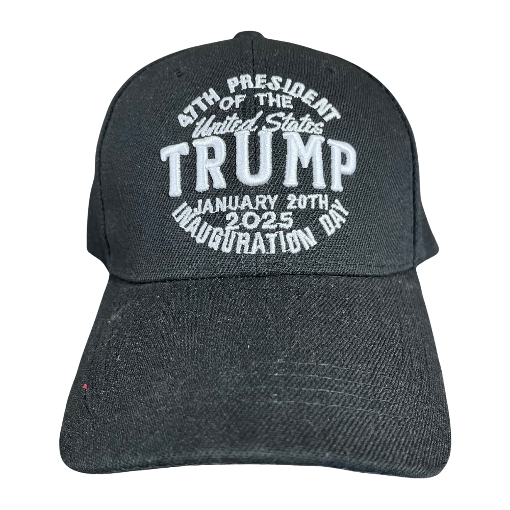 Alt text: "47th President Inauguration Day Black Hat featuring white embroidered design on a structured black cap, stylishly displayed against a neutral background.