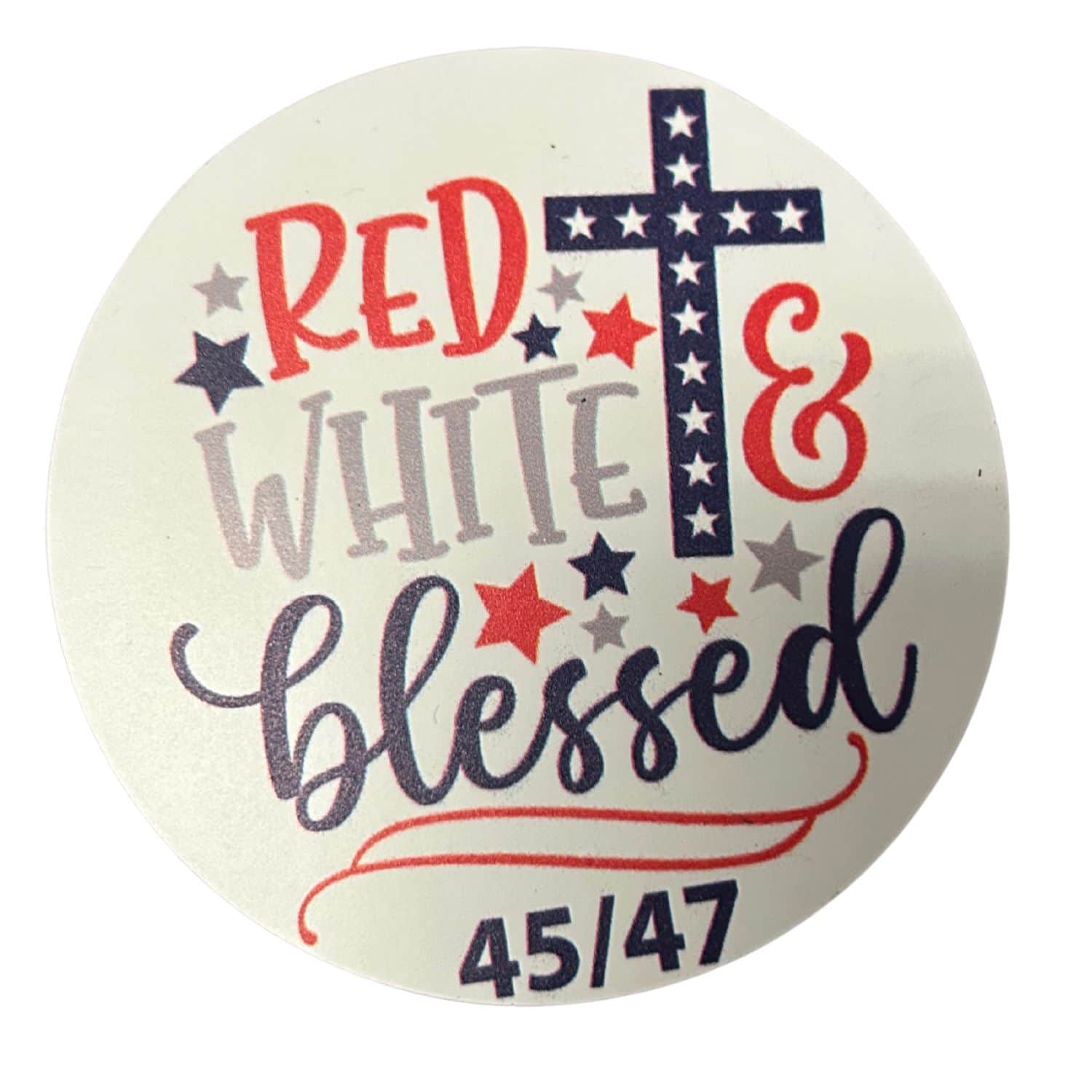 Alt Text: "Red White & Blessed magnet featuring vibrant colors and lettering displayed on a refrigerator, symbolizing gratitude and American pride.