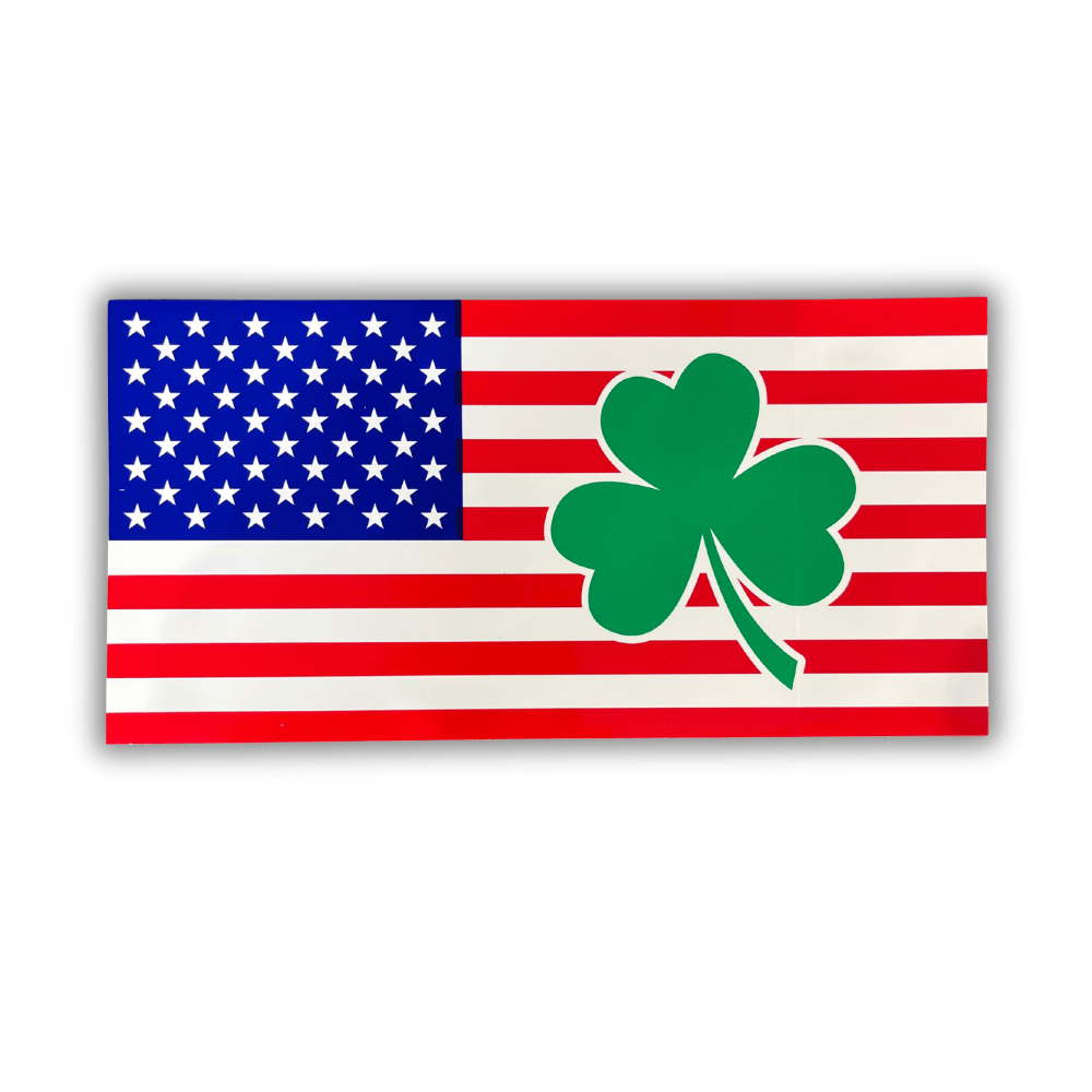Irish Clover USA Flag Bumper Sticker featuring vibrant colors with a USA flag and Irish clover design, set on a white background for high visibility in outdoor use.