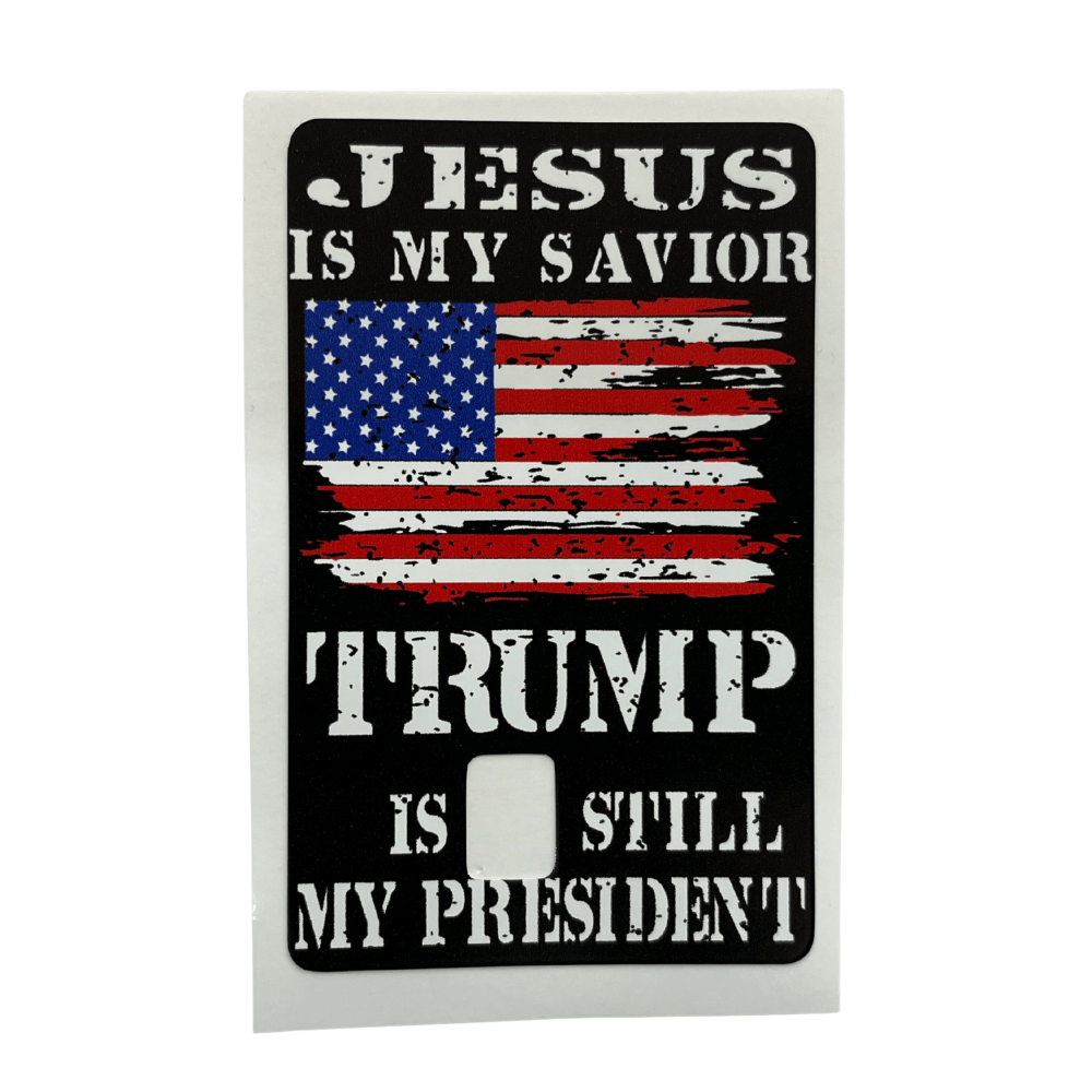 Jesus Is My Savior credit card cover with distressed American flag design and bold stencil lettering, fitting standard credit cards and showcasing patriotism.