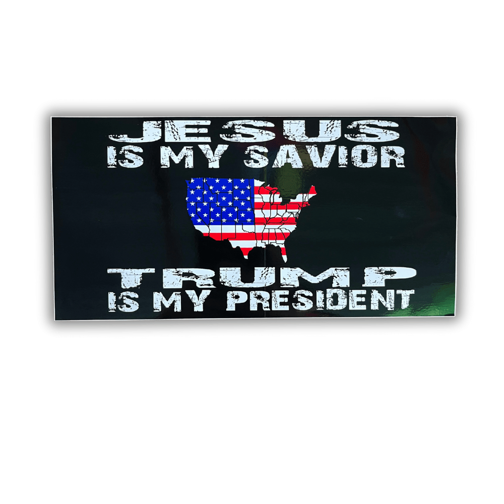 Jesus Savior USA bumper sticker measuring 7.5 x 4 inches, featuring bold patriotic design on a car bumper against a sunny backdrop.