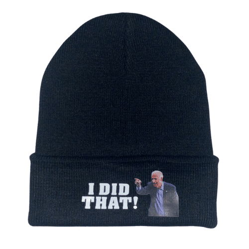 Joe Biden I Did That Beanie featuring a playful illustration of Biden pointing, designed to provide warmth and humor during winter.