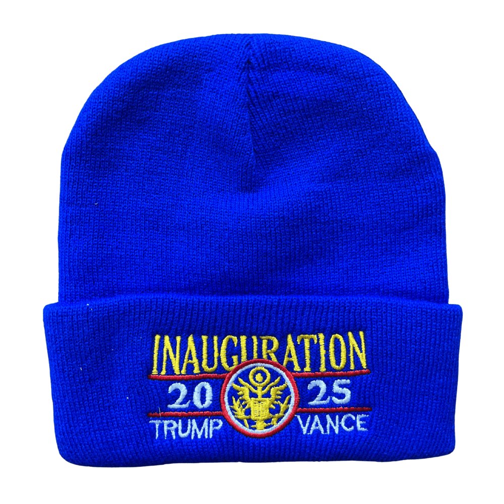 Light Blue Trump Vance Inauguration 2025 Beanie featuring embroidered design and gold emblem displayed outdoors during a political event.