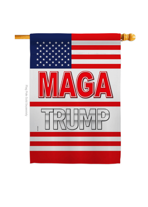 MAGA Trump House Flag in bright colors, double-sided design flying on a flagpole in an outdoor setting, showcasing American patriotism.