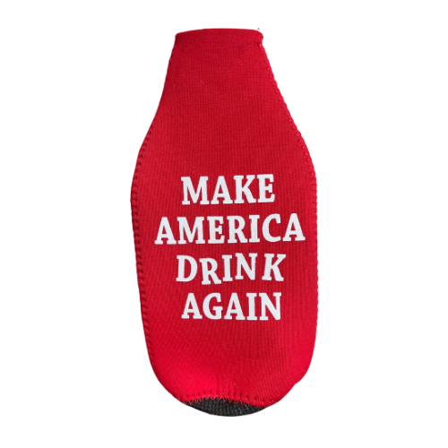 Make America Drink Again Bottle Koozie in bold red featuring white text, designed for keeping beverages cold at outdoor events.