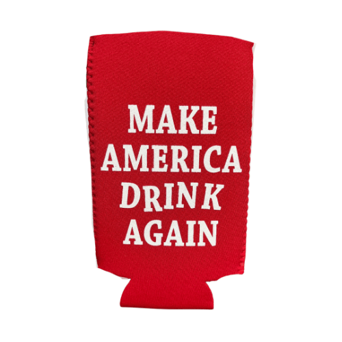 Make America Drink Again Koozie in vibrant red with white lettering, designed to fit standard 12 oz cans and bottles for outdoor events.