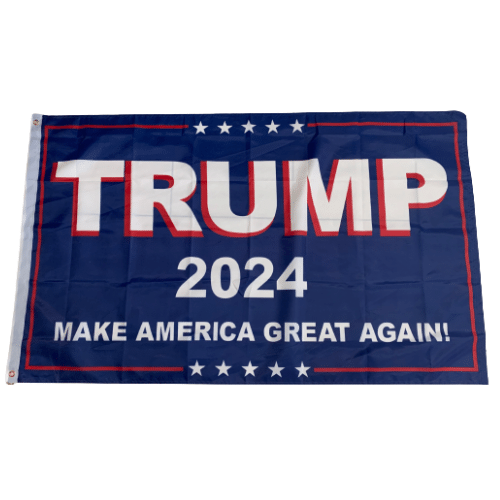 Make America Great Again Trump 2024 flag featuring a blue background with bold text displayed in a yard setting.