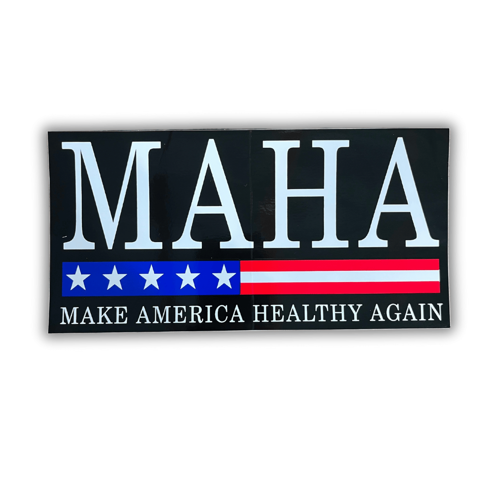 Make America Healthy Again bumper sticker featuring bold graphics displayed on a car bumper under sunny weather.