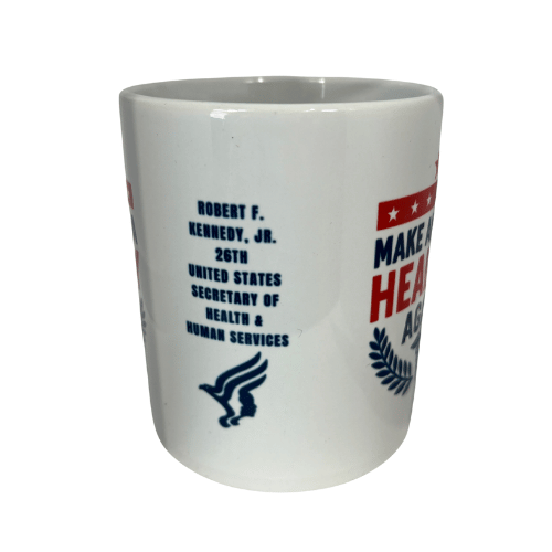 Make America Healthy Again Mug designed with bold slogan and patriotic elements, featuring a caduceus symbol and a glossy finish.