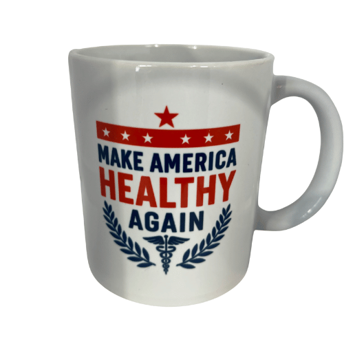Make America Healthy Again Mug designed with bold slogan and patriotic elements, featuring a caduceus symbol and a glossy finish.