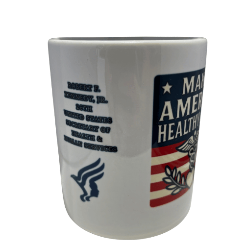 Make America Healthy Again 12oz ceramic mug featuring navy background and bold white lettering, caduceus symbol, and patriotic design.