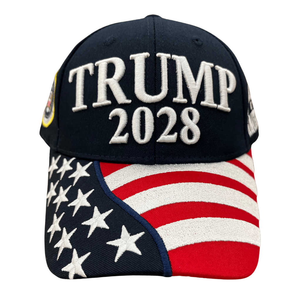Navy Trump 2028 Patriotic Hat featuring 'TRUMP 2028' and an embroidered American flag displayed outdoors against a bright sky.