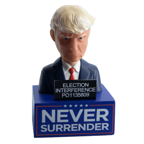 Never Surrender Trump Mugshot Bobblehead, featuring Trump's stern expression on a podium, capturing a significant political moment.