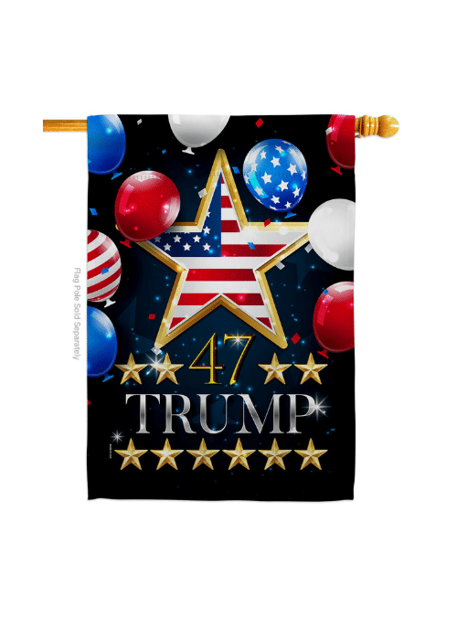 Patriotic 47 Trump double-sided house flag displayed prominently on an outdoor pole, showcasing vibrant colors and supporting Trump's 2024 campaign.