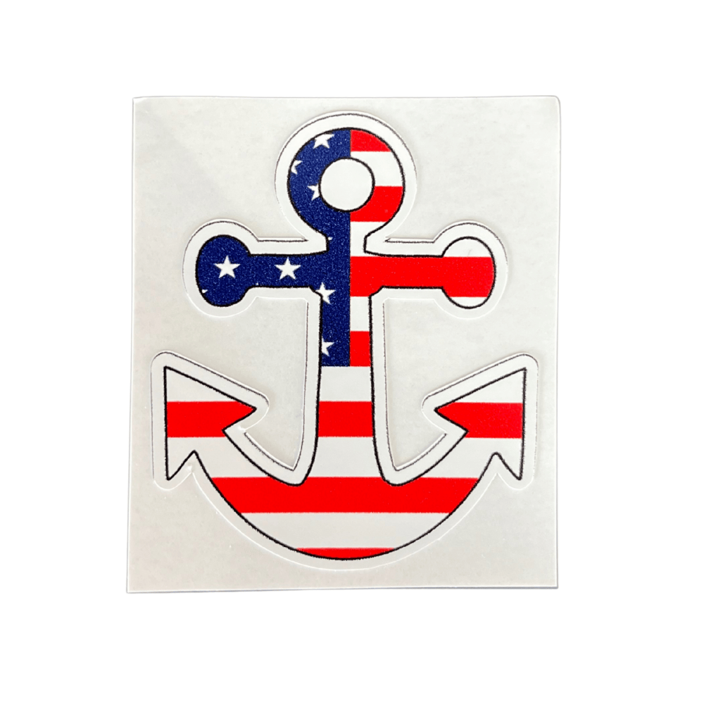 Patriotic Anchor Sticker featuring an anchor design with American symbols, displayed on a smooth surface like a laptop.