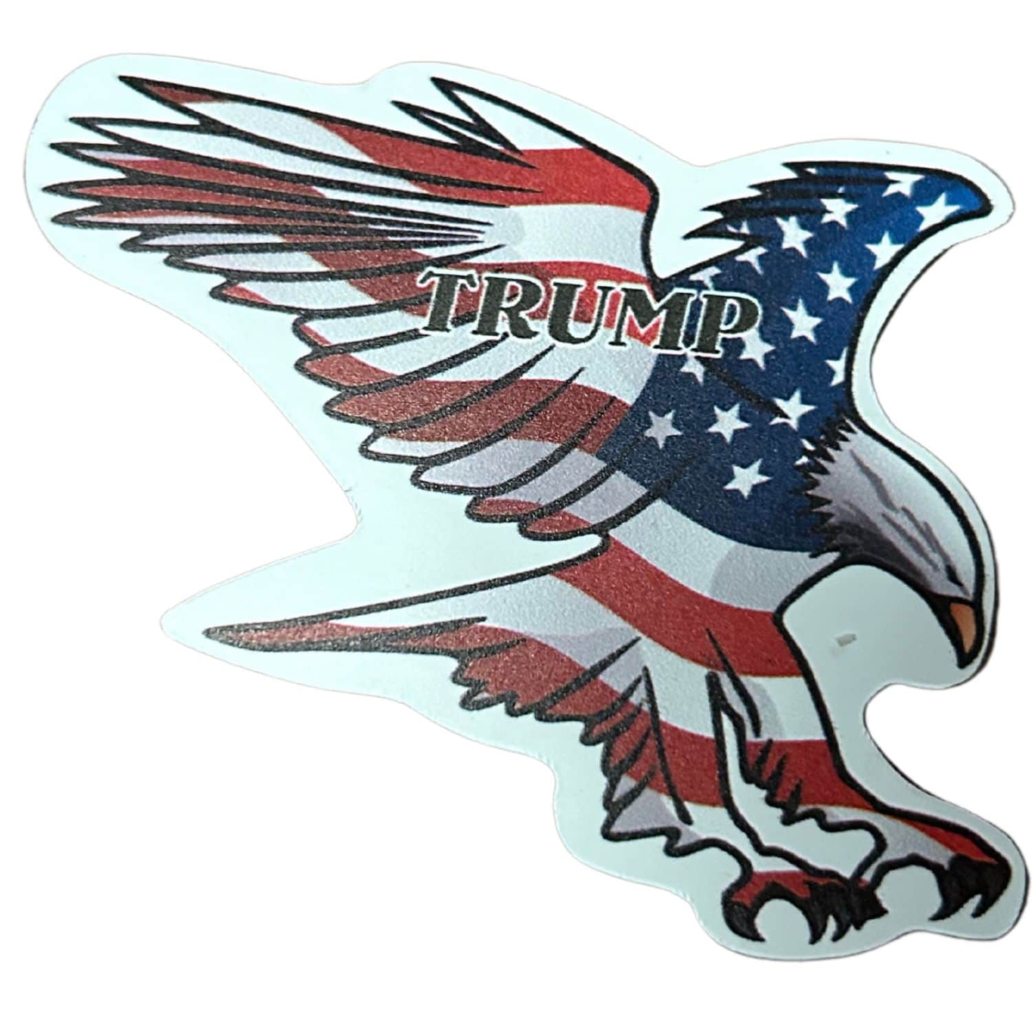 Patriotic Eagle Trump Magnet featuring a striking eagle design, measuring 3x3 inches, displayed on a refrigerator in a kitchen setting.