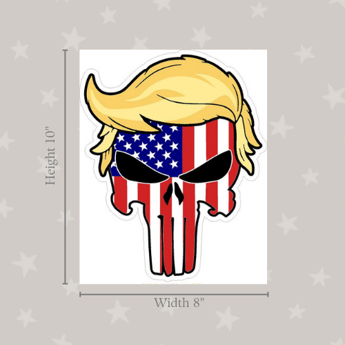 Patriotic Flag Trump Punisher Super Sized Sticker featuring bold design displayed on a car window, ideal for showcasing support for Trump.