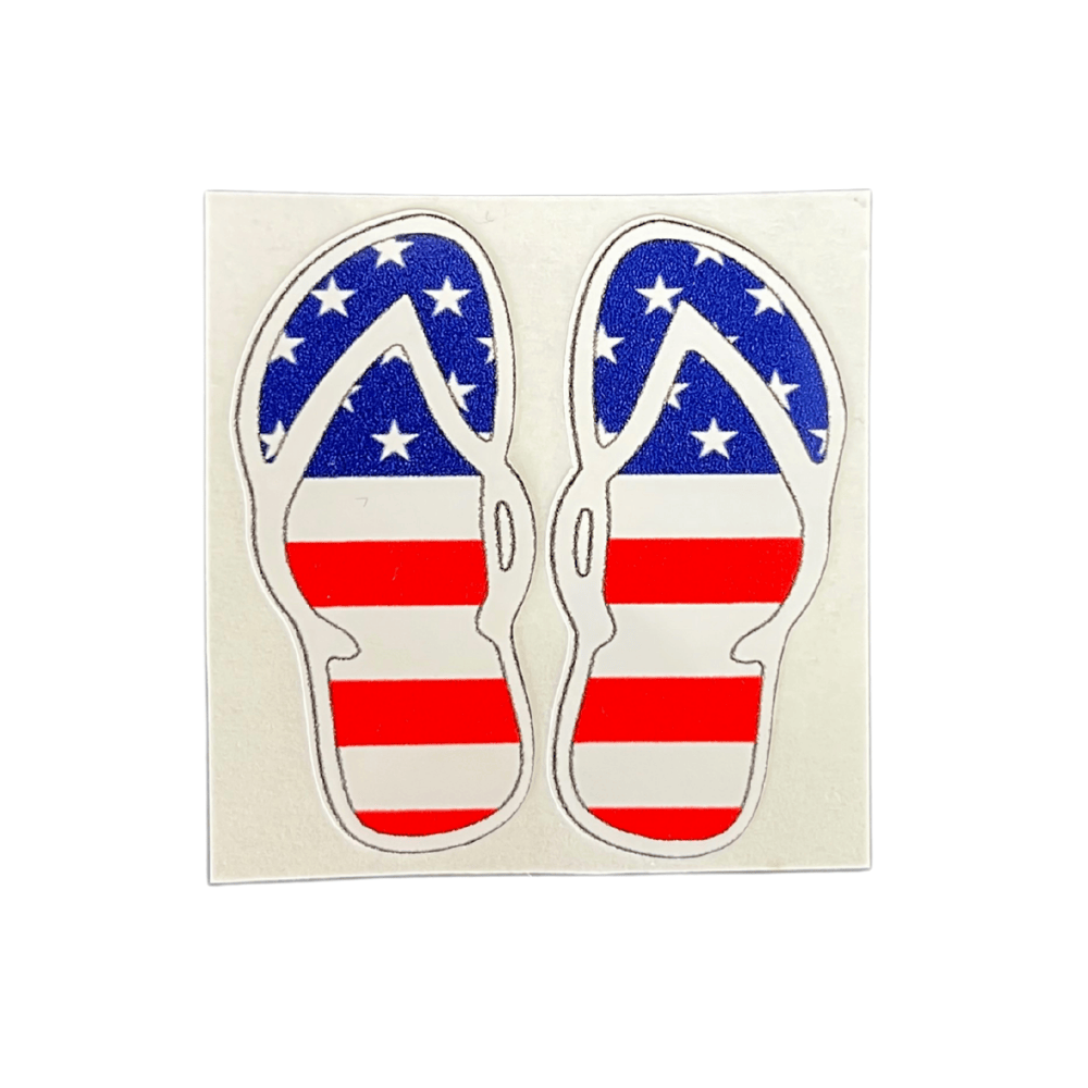 Patriotic Flip Flops sticker displayed on a laptop, featuring a colorful design that reflects American themes and values.